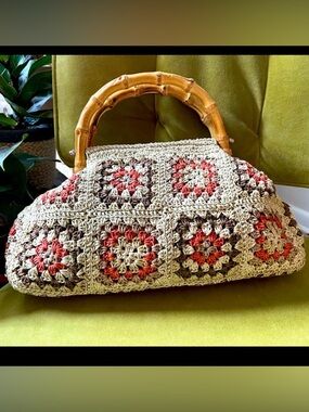 Ann Taylor Loft Handcrafted Crochet Bamboo-Handle Bag